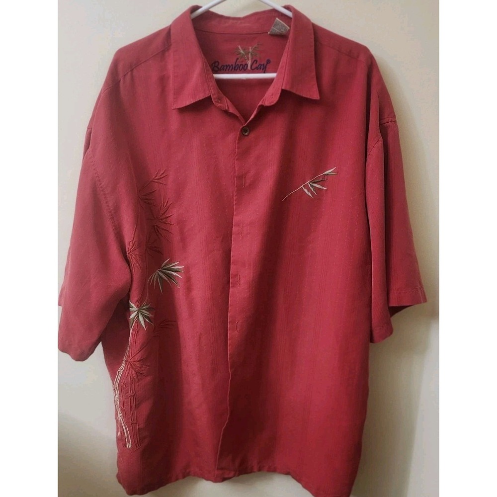 Bamboo Cay Embroidered Palm Tree Hawaiian‎ Button Down Red 3XL
